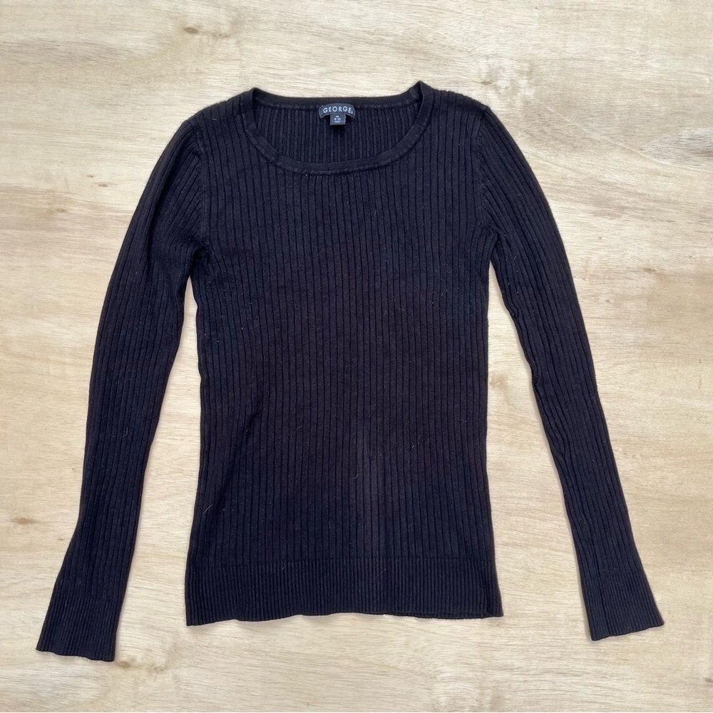 George Womens Medium Black Long Sleeve Ribbed Crewneck Sweater Comfy Fall Casual